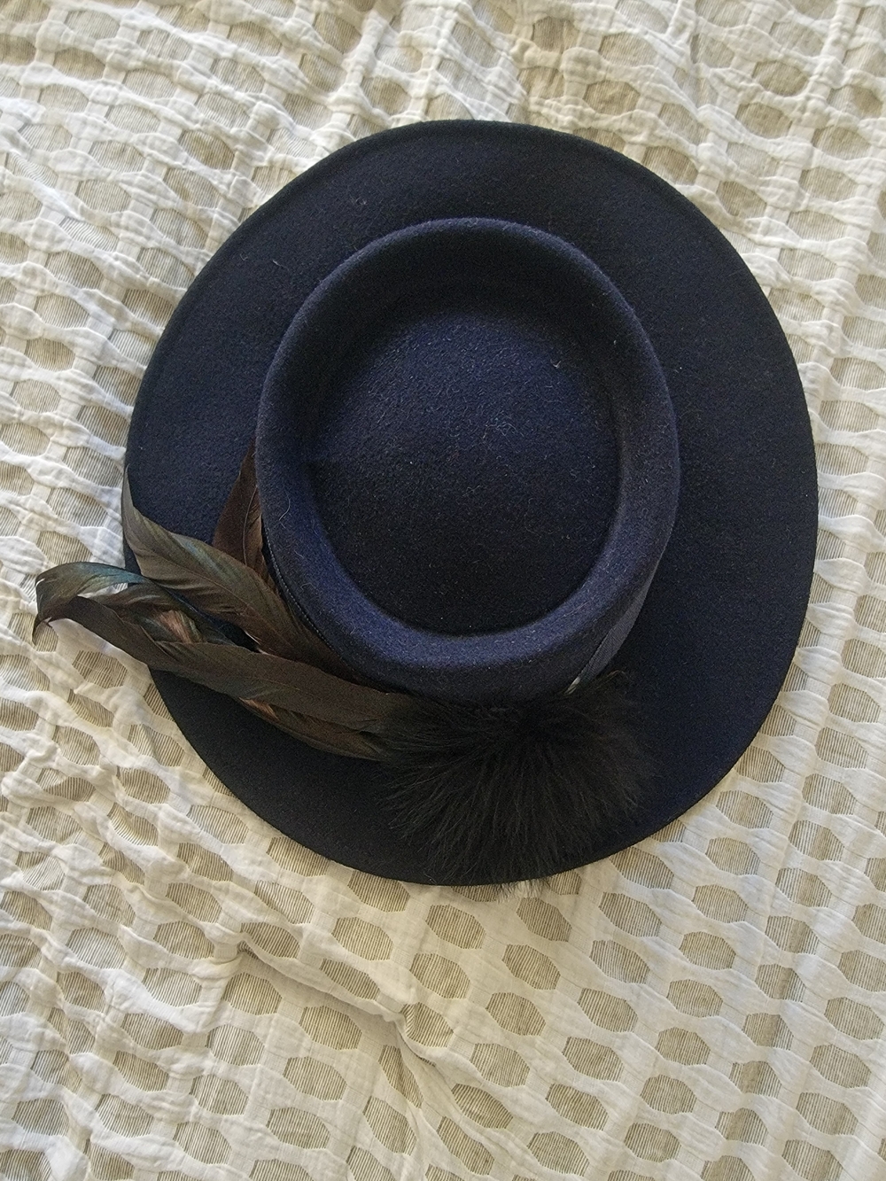Vintage Geo. W. Bollman & Co. Black 100% Wool Felt Boater Pork Pie Hat with Feat